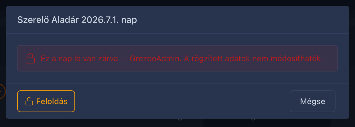 Lezárt nap ablaka superadmin jogkörrel